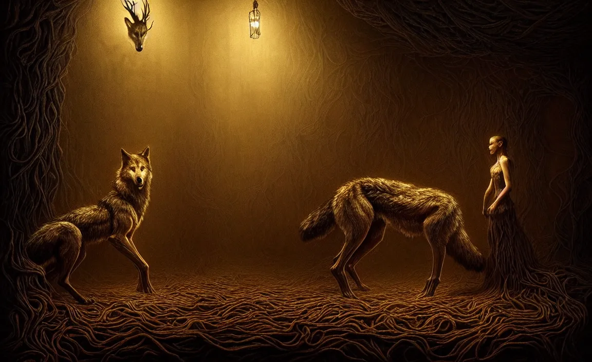 Prompt: epic professional digital art of hungry like the wolf, eerie dim gold lighting, painted, intricate, detailed, detailed, foreboding, by leesha hannigan, wayne haag, reyna rochin, ignacio fernandez rios, mark ryden, iris van herpen, hdr, epic, stunning, gorgeous, much wow, cinematic, masterpiece