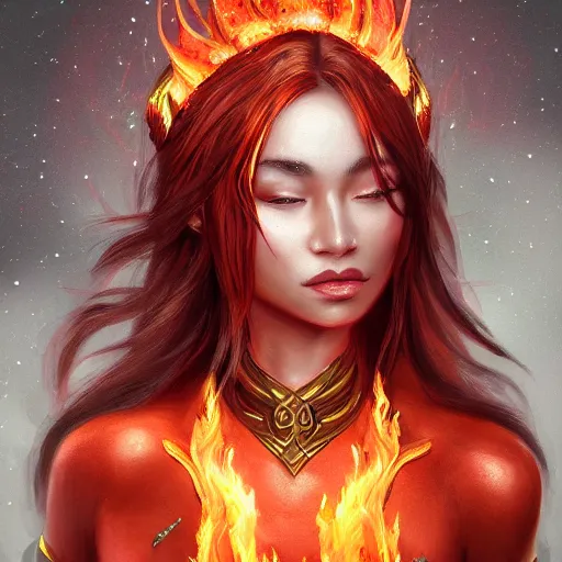 Prompt: A stunning portrait of a flame goddess by Andrews Esao, fantasy, Trending on artstation.