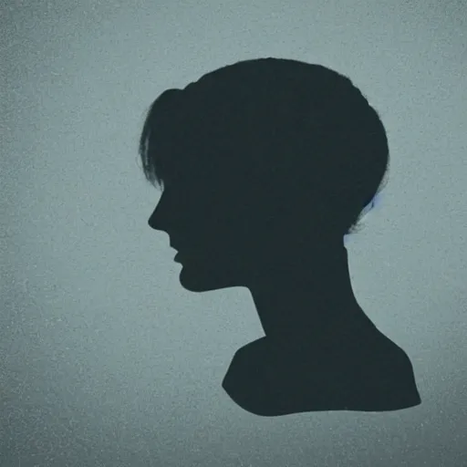 Image similar to elevated square that is frame centered with a circle matte inside, behind is a silhouette figure with a soft light barely hitting the top of her head and side of her cheek, volumetric lighting, relaxed subtle gaze into camera