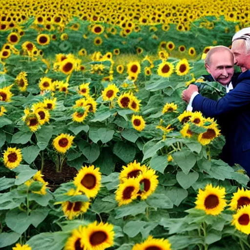 Prompt: Putin hugs Joe Biden in a sunflower field