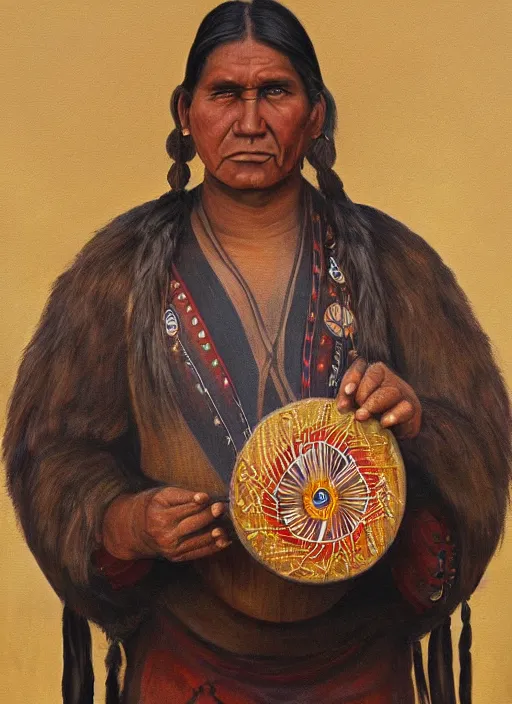 Image similar to a beautiful painting of an indigenous man holding a highly decorated round shamanic drum, fantasy art, matte painting