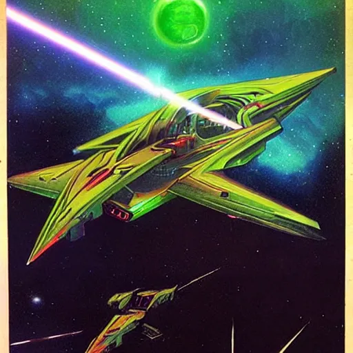 Image similar to starship laser battle, nebula, retro, 1960's sci fi, concept art, style of gerald brom and jean giraud,