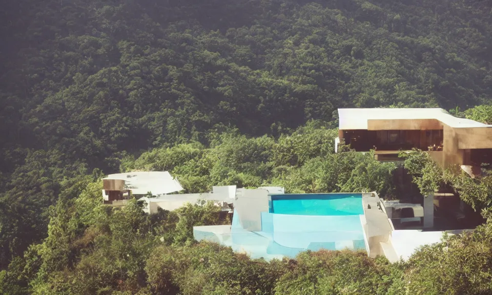 Image similar to 35mm film still, morning light over futuristic low-Fi villa in mountains high up, view over valley, fog in valley, the beach at a tropical island, vivid , color palette of gold, infinity pool in front of house