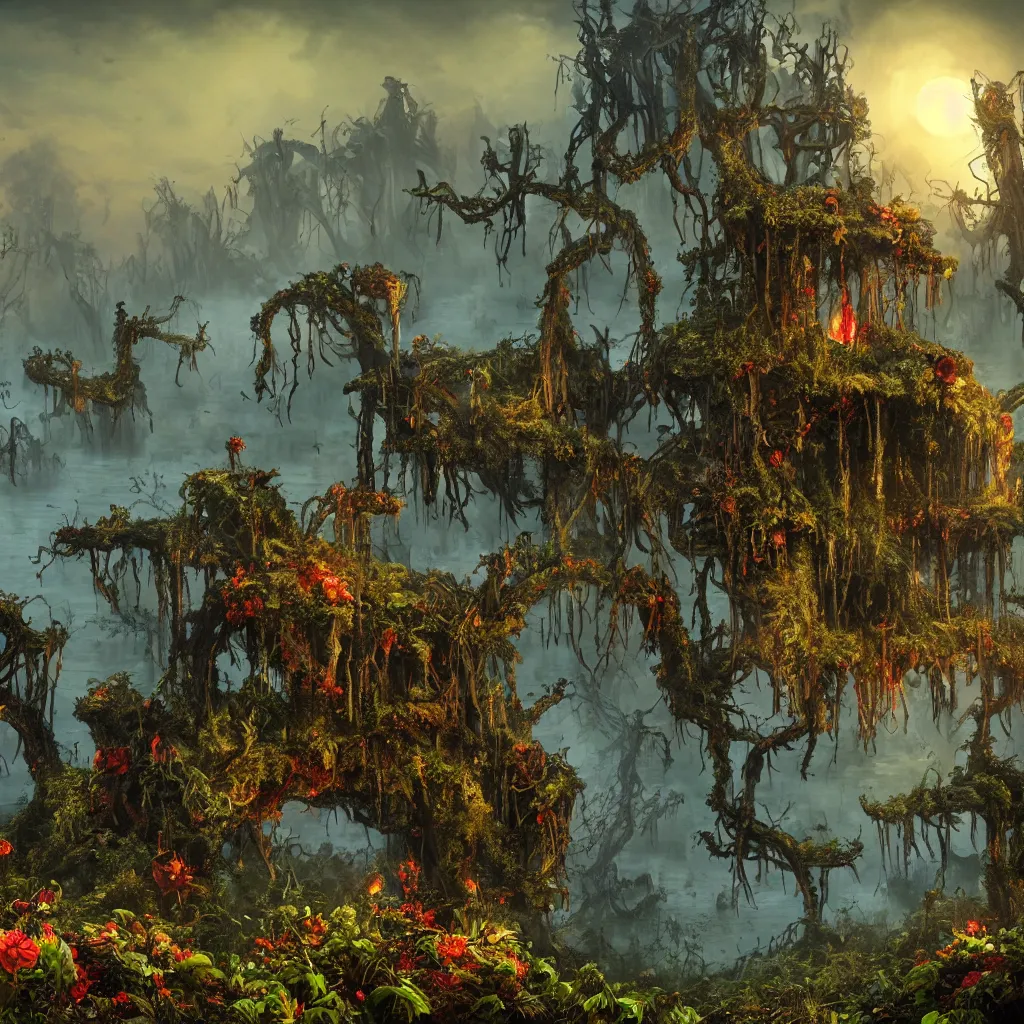 Image similar to An incredibly beautiful but ominous matte painting depicting a profusion of evil carnivorous vines and colorful flowers and lush exotic trees and bloated toadstools, with horrifying huge burning eyes and jagged bloody teeth, overgrowing a desolate ruins submerged in fog beneath the setting sun, nvidia, vray, evening, epic scale