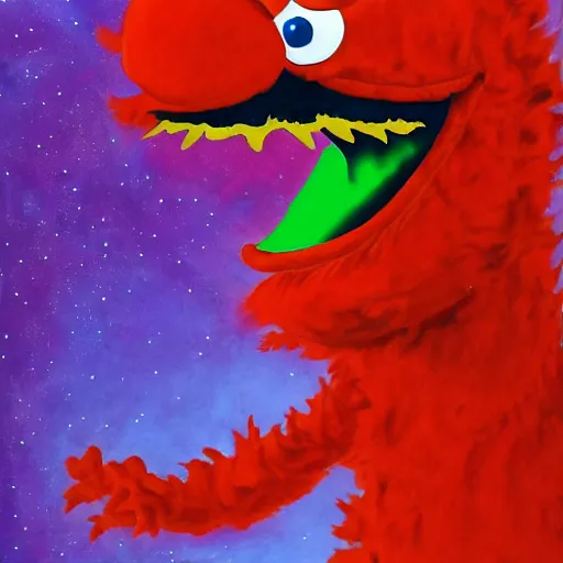 Image similar to painting of a twisting, looping, abomination of a creature, space demon Elmo from the Sesame Street dimension, high quality, 4k, featured on ArtSpace