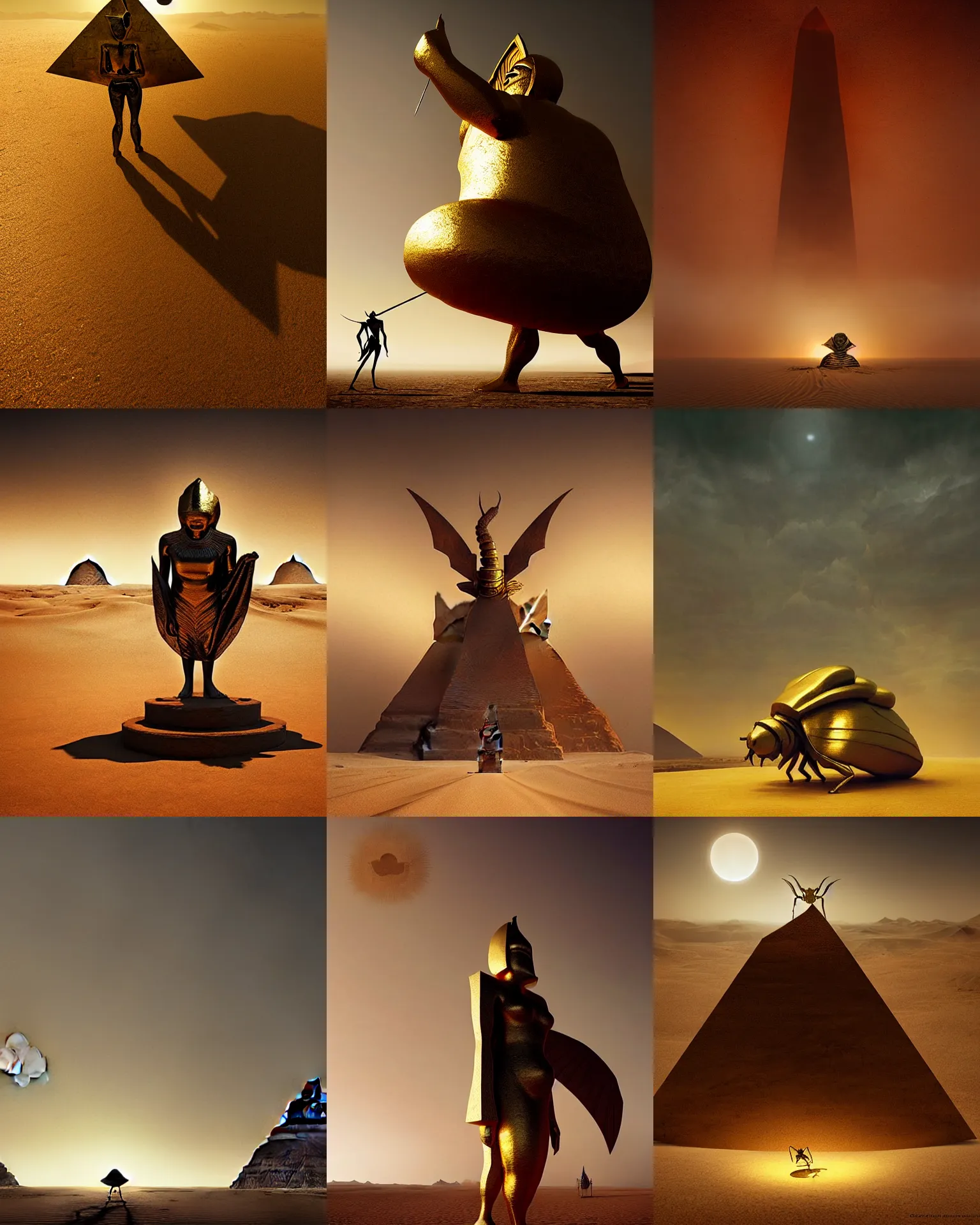 Prompt: giant gold fat bug statue, darkness, egypt piramids on horizon, fantasy dnd art, evil fluid, desert, by greg rutkowski