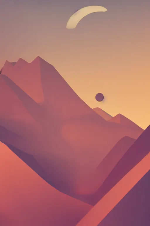 Prompt: geometric 3 d render soft bright pastel mountains with a crescent moon