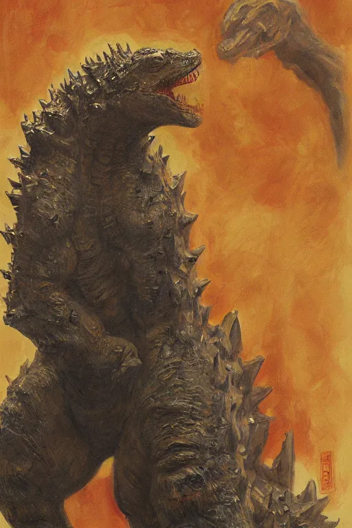 Prompt: character portrait of godzilla by john singer sargent