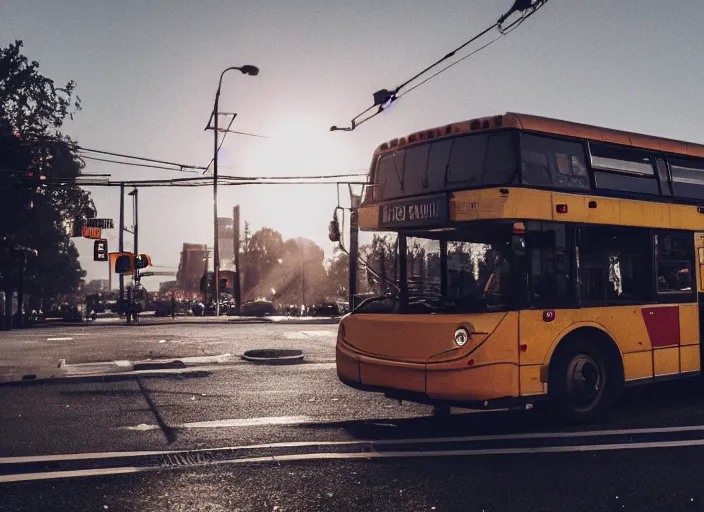 Image similar to a 3 5 mm photo of a city bus on fire, splash art, movie still, bokeh, canon 5 0 mm, cinematic lighting, dramatic, film, photography, golden hour, depth of field, award - winning, anamorphic lens flare, 8 k, hyper detailed, 3 5 mm film grain