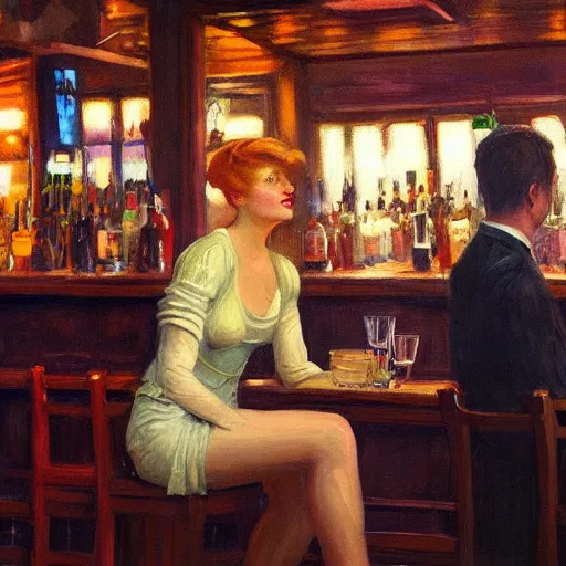 Prompt: a painting of a female drunk in a bar. by randolph hewton and edward robert hughes. trending on artstation, highly detailed, volumetric lightning, cinematic lightning