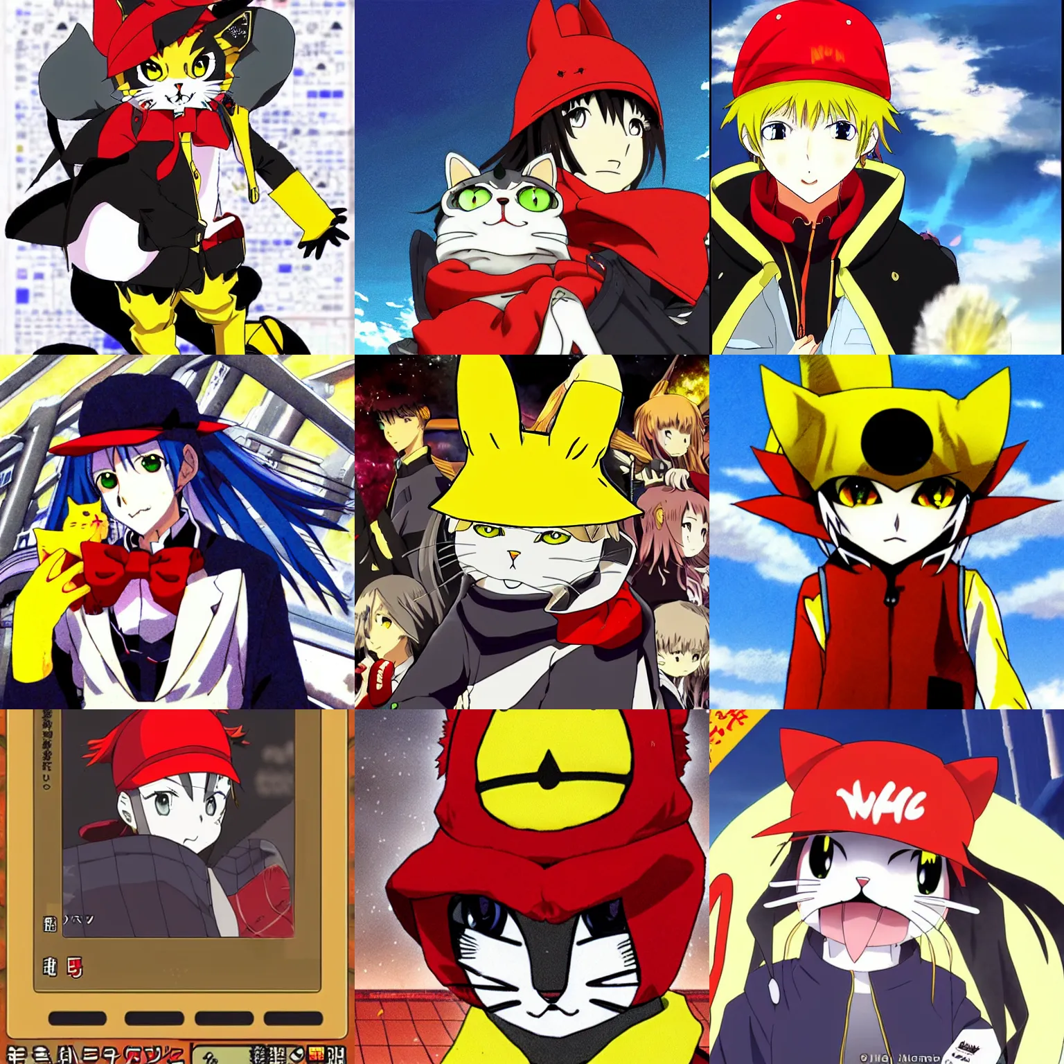 Prompt: an anime character with yellow eyes and a red hat shaped like a cat, a screenshot by hiromu arakawa, featured on pixiv, neogeo, anime aesthetic, official art, anime