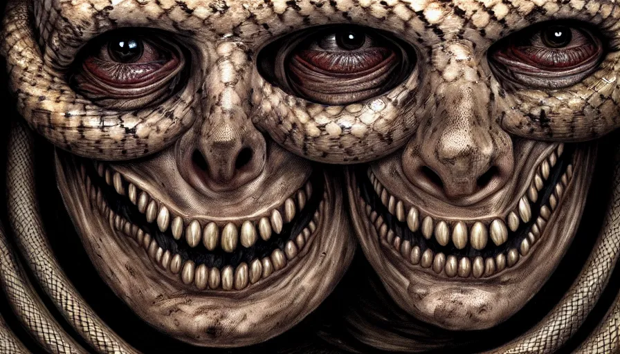 Image similar to rotting a human face made up of snakes, evil smile, death, fear, horror, extremely high detail, ultra realistic, hyperrealism, by giger, 4 k