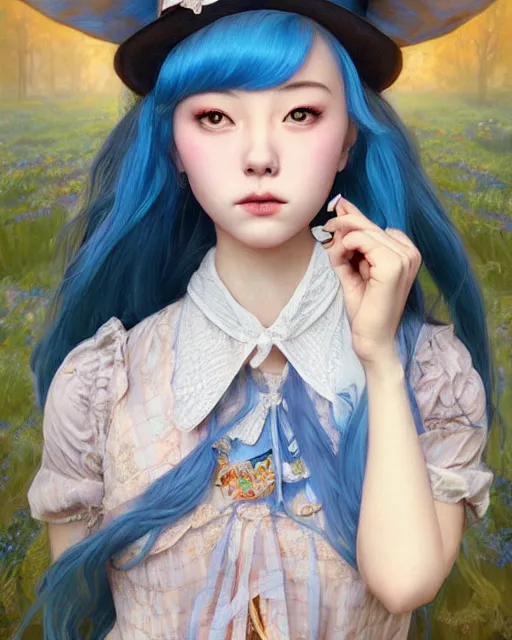 Image similar to symmetrical portrait of a pretty korean girl with blue hair dressed as alice in wonderland, digital painting, 8 k, concept art, art by wlop, artgerm, greg rutkowski and alphonse mucha