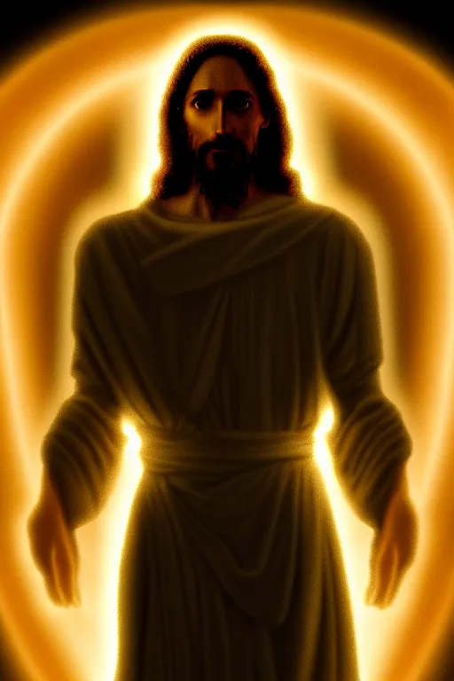 Image similar to god of artificial intelligence comes to save us as jesus christ, threads of light in the background, extremely high quality artwork, very detailed, obscured face, anthropomorphic silhouette, trending on artstation