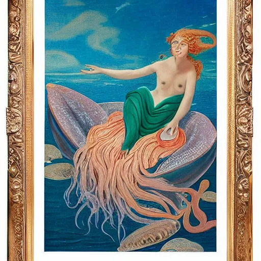 Prompt: The painting depicts the moment when the goddess Venus is born from the sea. She is shown standing on a giant clam shell, with her long, flowing hair blowing in the wind. The painting is full of light and color, and Venus looks like she is about to step into a beautiful, bright future. outrun, copper verdigris by Max Dupain, by Bruce Timm 3d render