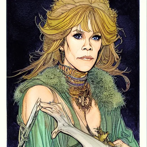 Prompt: a realistic and atmospheric watercolour fantasy character concept art portrait of jane fonda in her 2 0 s as a druidic warrior wizard looking at the camera with an intelligent gaze by rebecca guay, michael kaluta, charles vess and jean moebius giraud