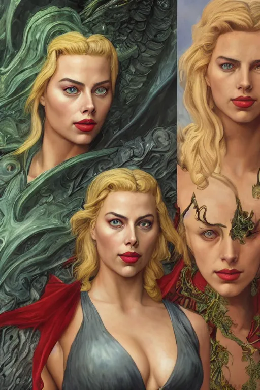 Image similar to A fantasy comic book style portrait painting of Margot Robbie, Scarlett Johansson, as an Atlantean Reptilian Warrior, Mystical Valkyrie, François Boucher, Oil Painting, unreal 5, DAZ, hyperrealistic, octane render, Regal, Refined, Detailed Digital Art, RPG portrait, William-Adolphe Bouguereau, Michael Cheval, Walt Disney (1937), Steampunk, dynamic lighting, Highly Detailed, Cinematic Lighting, Unreal Engine, 8k, HD