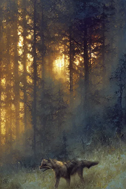 Image similar to spiritual twin flame lone wolf art, forest hue, highly detailed, oil painting, by craig mullins