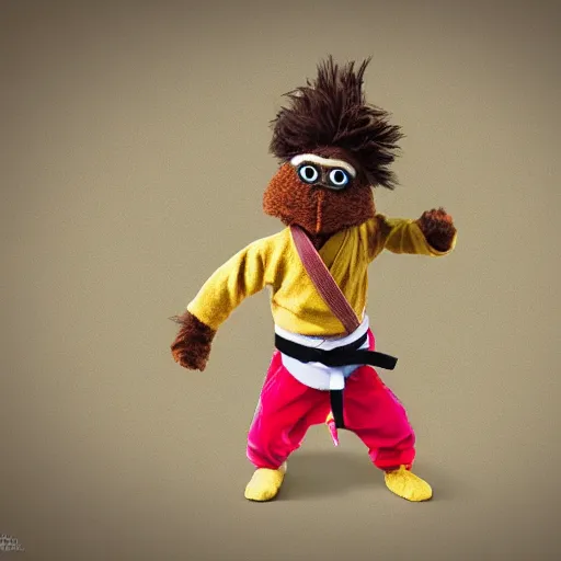 Image similar to a little brown karate loving ninja bunny that is a muppet wearing cool ninja clothes and practicing her karate out in nature, photorealistic, photography, ambient occlusion, rtx, national geographic, sesame street