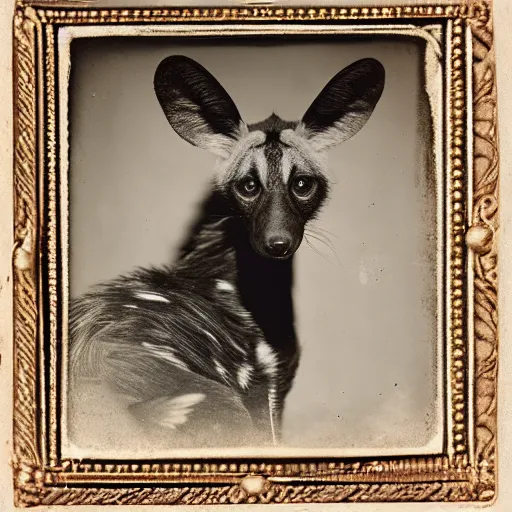 Prompt: A daguerreotype photograph of an African Wild Dog wearing a hat.