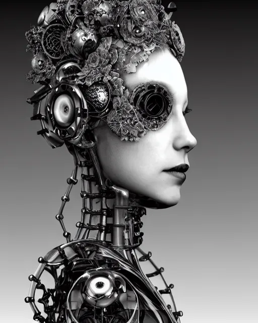 Image similar to black and white dreamy foggy smoky profile face portrait, one silver steampunk realistic eye biomechanical beautiful young female cyclope - cyborg - robot bust, body ribs meshes,, volumetric light, hibiscus flowers, by hg giger, rim light, by dora maar and cecile beaton, big gothic fashion pearl embroidered collar, 8 k
