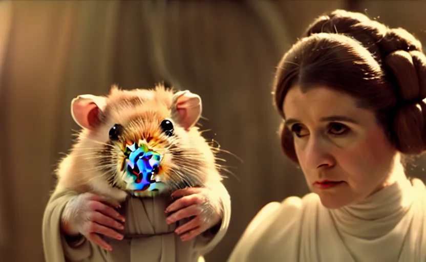 Image similar to hamster princess leia, movie still, star wars, cinematic, sharp focus, cinematic grain, cinematic lighting, 8 k