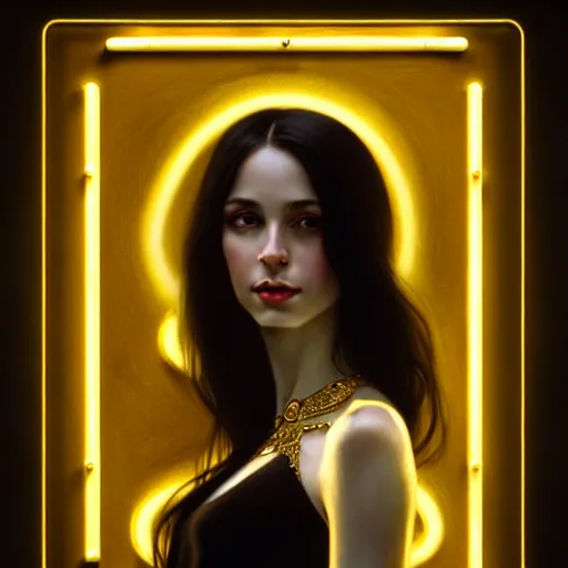 Image similar to portrait of a smiling, beautiful, pale skin eastern european female with long black hair, dark brown eyes, elegant clothing, photorealistic, highly detailed, artstation, smooth, sharp focus, gold ornaments, neon lighting, sci - fi, art by gustav klimt, artgerm, greg rutkowski and alphonse mucha