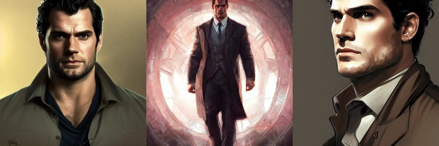 Prompt: portrait of Henry Cavill as a detective, highly detailed, digital painting, artstation, concept art, sharp focus, illustration, art by artgerm and greg rutkowski and alphonse mucha