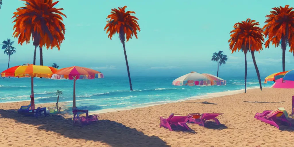 Image similar to a film still of a sunny and colourful beach scene in santa monica, los angelos by wes anderson, wide shot, sharp, rendered in unreal engine 5, bloom, dramatic lighting