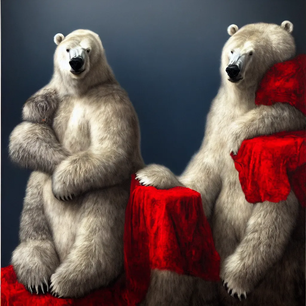 Prompt: rare hyper realistic painting by rembrandt, studio lighting, brightly lit blue room, a giant skinny polar bear zebra, massive glass horns, covered in red slime, sitting, a silver throne, real fur, real feather, real hair, real skin