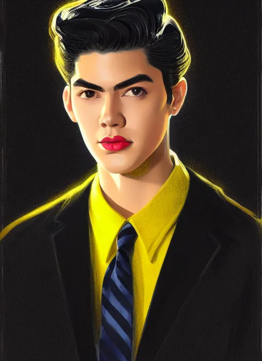 Image similar to portrait of young reggie mantle, mean smirk, egotistical, slicked back hair, striped yellow and black sweater, 1 9 5 0 s, intricate, elegant, glowing lights, highly detailed, digital painting, artstation, concept art, smooth, sharp focus, illustration, art by wlop, mars ravelo and greg rutkowski