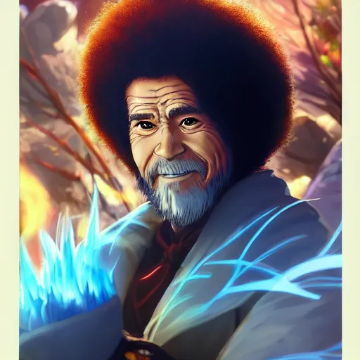 Image similar to anime portrait of Bob Ross as a shaman yedi using dark force to eliminate trump as an anime antagonist by Stanley Artgerm Lau, WLOP, Rossdraws, James Jean, Andrei Riabovitchev, Marc Simonetti, and Sakimichan, trending on artstation