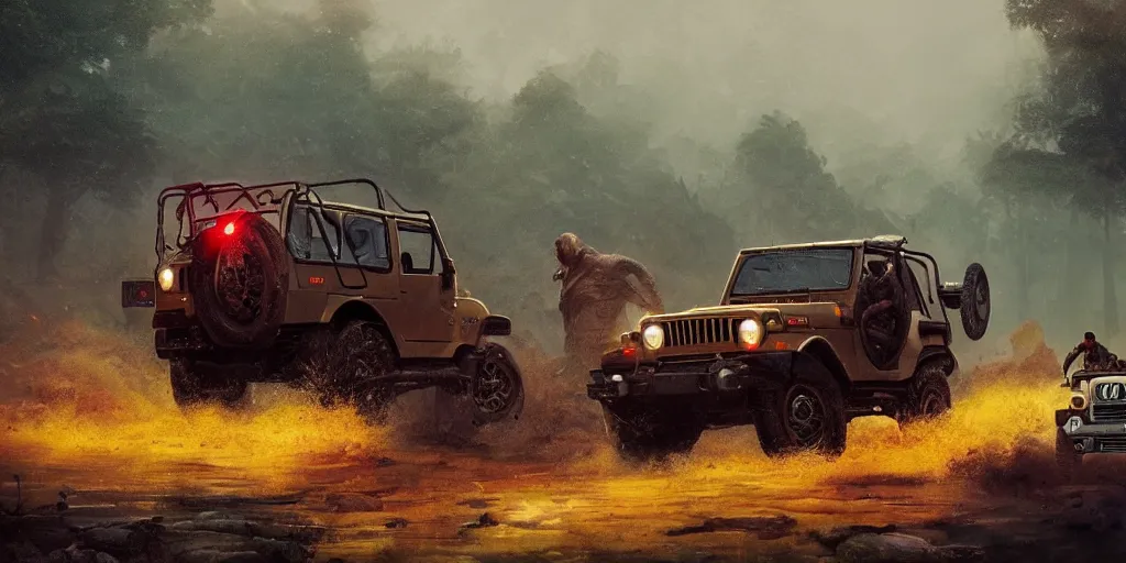 Image similar to Mahindra thar, malayalis attacking, furious action scene, an epic fantasy, dramatic lighting, cinematic, establishing shot, extremely high detail, photorealistic, cinematic lighting, artstation, by simon stalenhag, shadow of the tomb rider