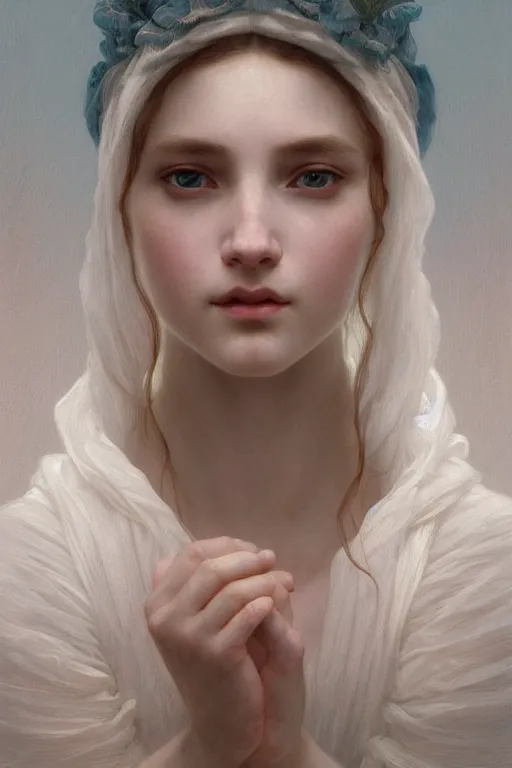 Image similar to Portrait of beautiful pale peasant girl, cinematic lighting, intricate, elegant, highly detailed, digital painting, artstation, smooth, sharp focus, illustration, art by artgerm and greg rutkowski and alphonse mucha and Wayne Barlowe and william-adolphe bouguereau