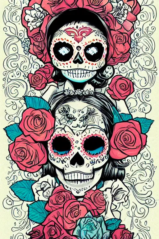 Prompt: Illustration of a sugar skull day of the dead girl, art by skottie young