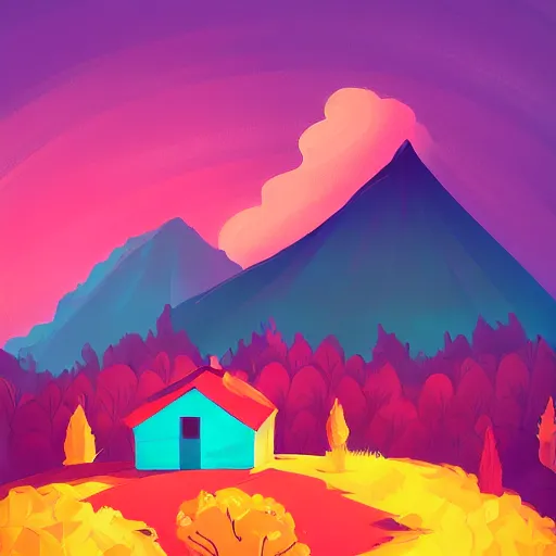 Prompt: dreamy landscape, colorful trees, little cottage, mountains, by Anton fadeev