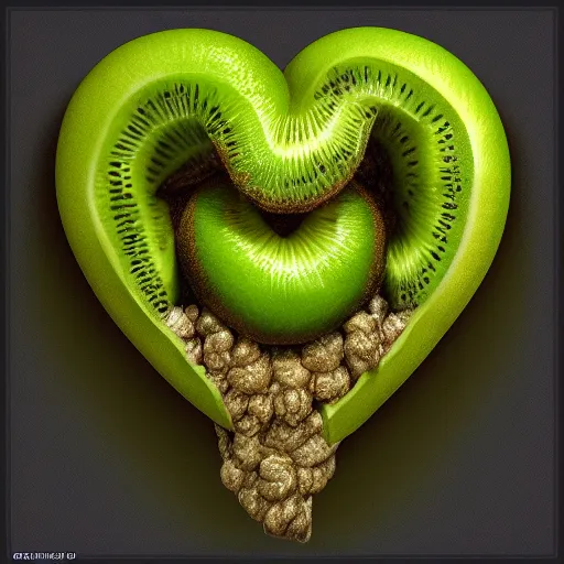 Image similar to 3d render of a human heart made of kiwifruit flesh. 4k. intricate. Trending on artgerm and artstation. Painted by greg rutkowski. Award winning photorealistic digital art