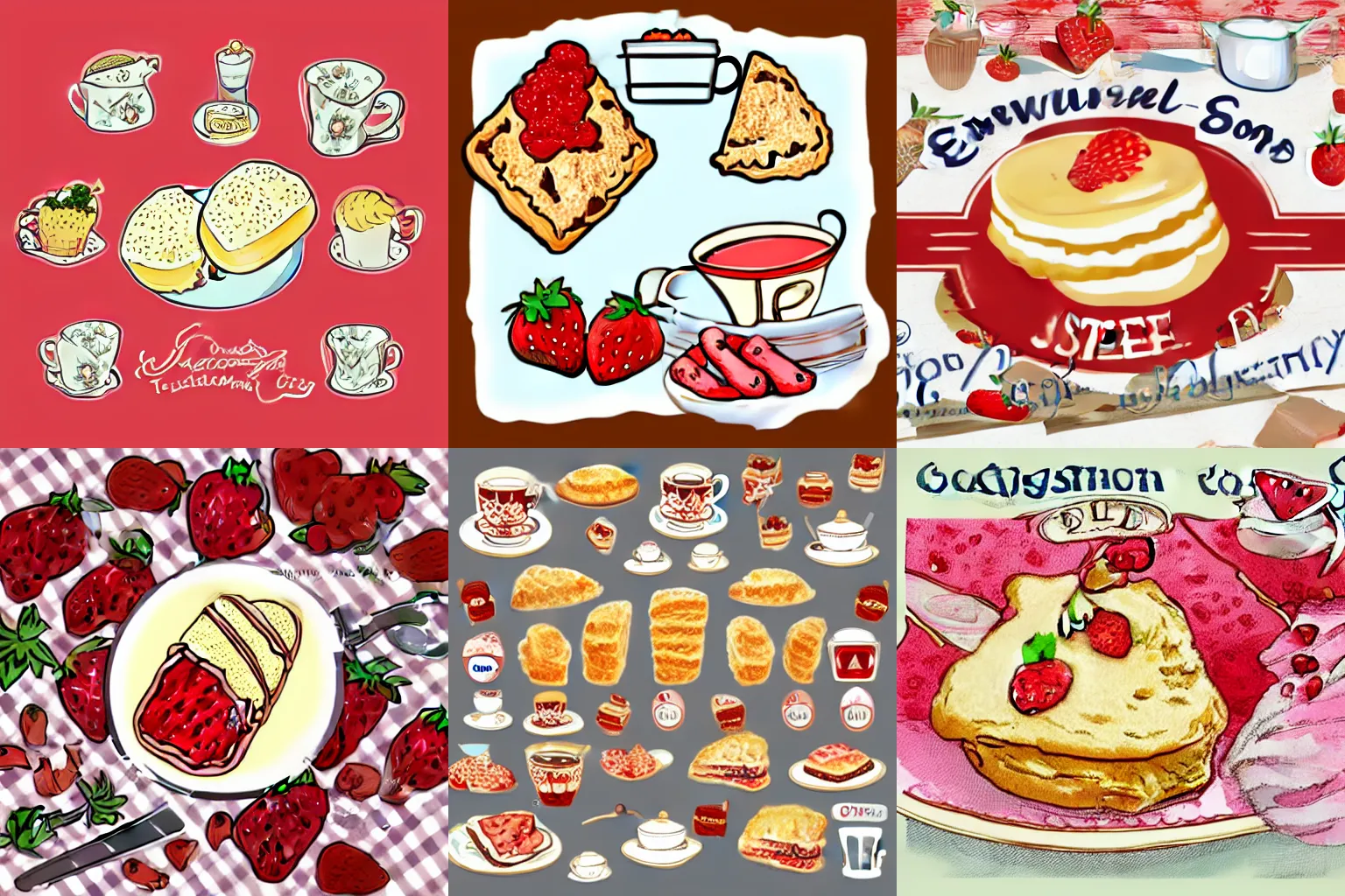 Prompt: English traditional scone with strawberry jam cream tea illustration sticker clip art