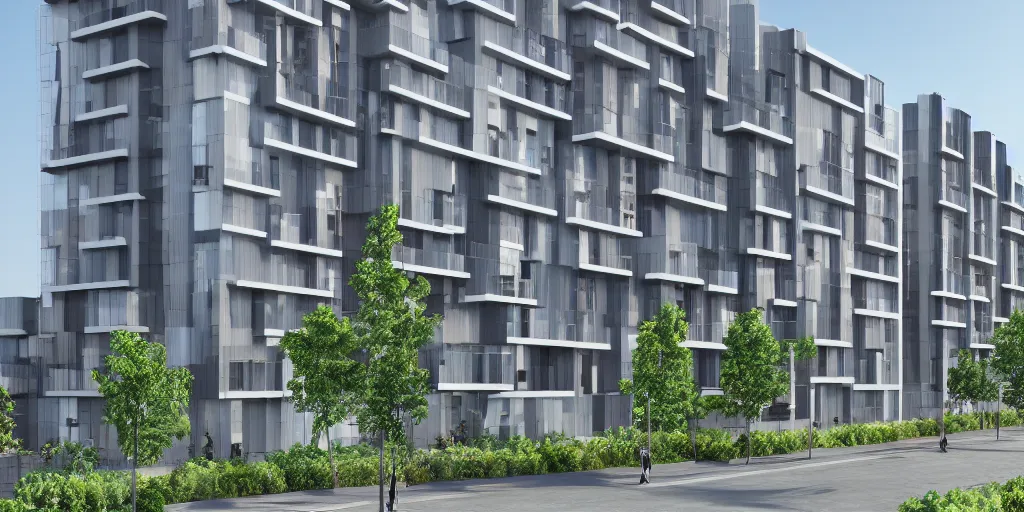Image similar to architecture render of exterior of modern apartment building, realistic, hd, 8 k, digital rendering, unreal engine, blender, octane, maya