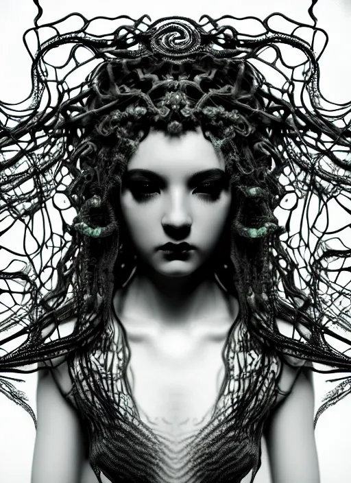 Image similar to surreal mythical dreamy dark artistic black and white fine art photo of a beautiful young female medusa - mermaid - cyborg covered with translucent algae, highly detailed, intricate crystal ivy jelly fish scales ornate, lace web, poetic, octane render, 8 k, photo - realistic, by man ray