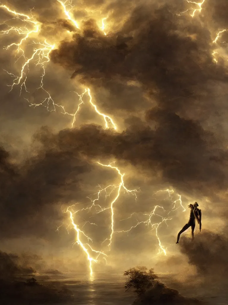 Image similar to human struck by lightning by disney concept artists, blunt borders, rule of thirds, golden ratio, godly light