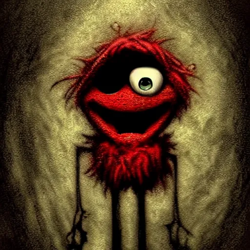 Image similar to grunge cartoon drawing of elmo by - michael karcz , in the style of corpse bride, loony toons style, horror themed, detailed, elegant, intricate