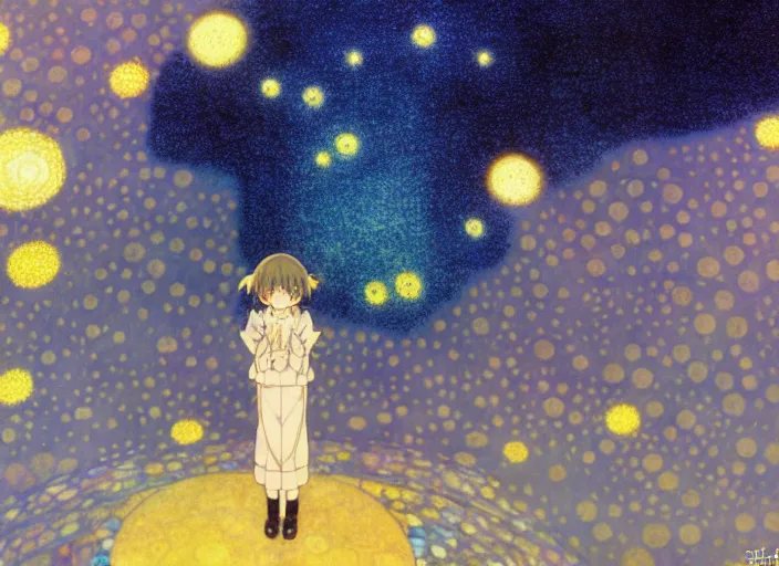 Prompt: walking amongst the stars, concept art, Kyoto animation, last exile, blue submarine no. 6, gustav klimt, loish, murata range, kawaii, yoshitaka amano, studio lighting, manga, bright colors, beautiful, 28mm lens, vibrant high contrast, gradation, jean giraud, fantasy, rule of thirds, unreal engine, fibonacci, intricate, cel shaded, blender npr, flat, matte print