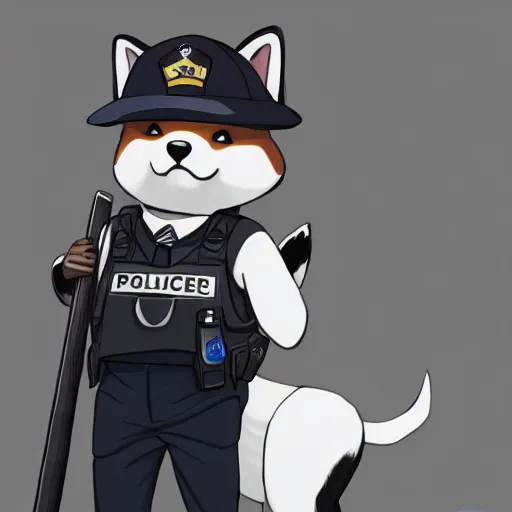 Image similar to shiba inu wearing a police uniform, holding a baseball bat, character design, highly detailed digital art, atmosphere, glow, lens flare, cinematic lightning, hyperrealistic, focused, extreme details, 4 k, ultra detailed, trending on artstation, masterpiece, digital art.