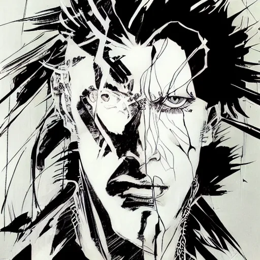 Image similar to DC vertigo The Sandman portrait by Yoji Shinkawa and Ashley Wood, black and white, ink brush