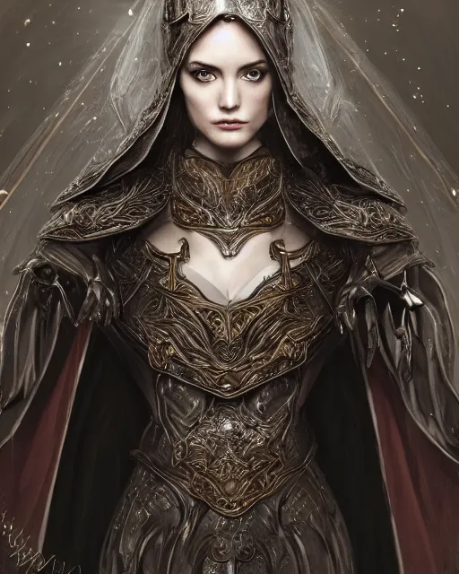 Prompt: a portrait of a muse of beauty, Elspeth Knight Errant, long flowing cape and cowl, silver and gold heavy armor, long magical staff with ruby gems, young female face, rune magic, cinematic top lighting, insanely detailed and intricate, face by wlop, Charlie Bowater, golden ratio, face close up, symmetric, elegant, ornate, luxury, elite, matte painting, MTG, magic the gathering, cinematic, cgsociety, 8k, high resolution, trending on artstation, deviantart and pinterest