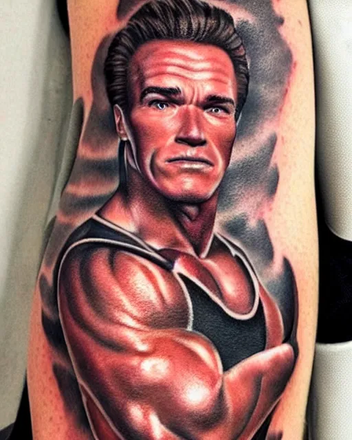 Prompt: a really tattoo of arnold schwarzenegger, realism tattoo