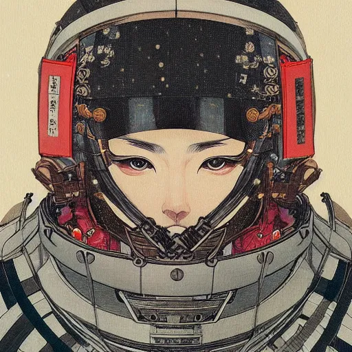 Image similar to a beautiful ukiyo painting of samurai in space futuristic helmet, wearing space techwear, detailed symmetrical close up portrait, intricate complexity, by takato yamamoto, wlop, krenz cushart, makoto shinkai, cinematic dramatic atmosphere, sharp focus