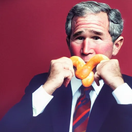 Prompt: George W. Bush sorrowfully beholds a single pretzel. CineStill.