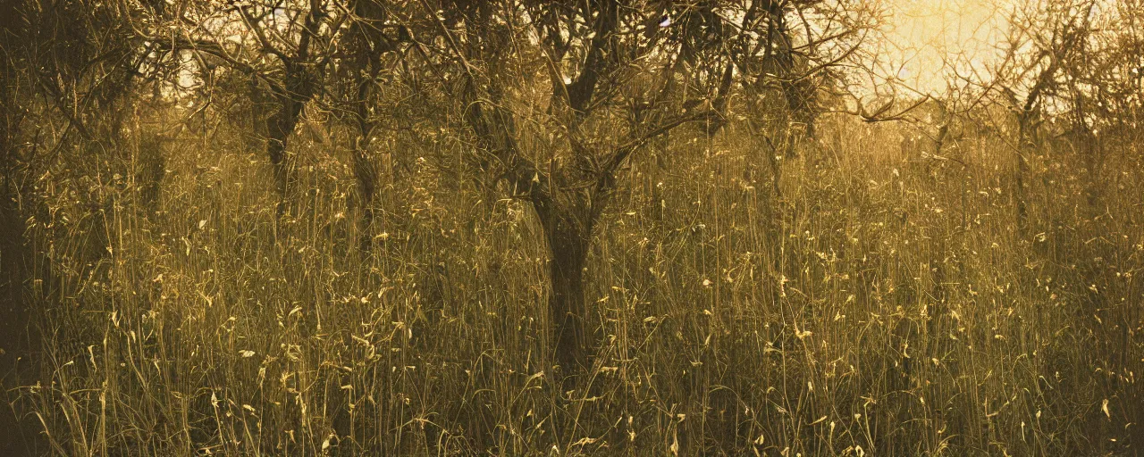 Prompt: meadow of spaghetti growing on trees, canon 5 0 mm, cinematic lighting, photography, retro, film, kodachrome